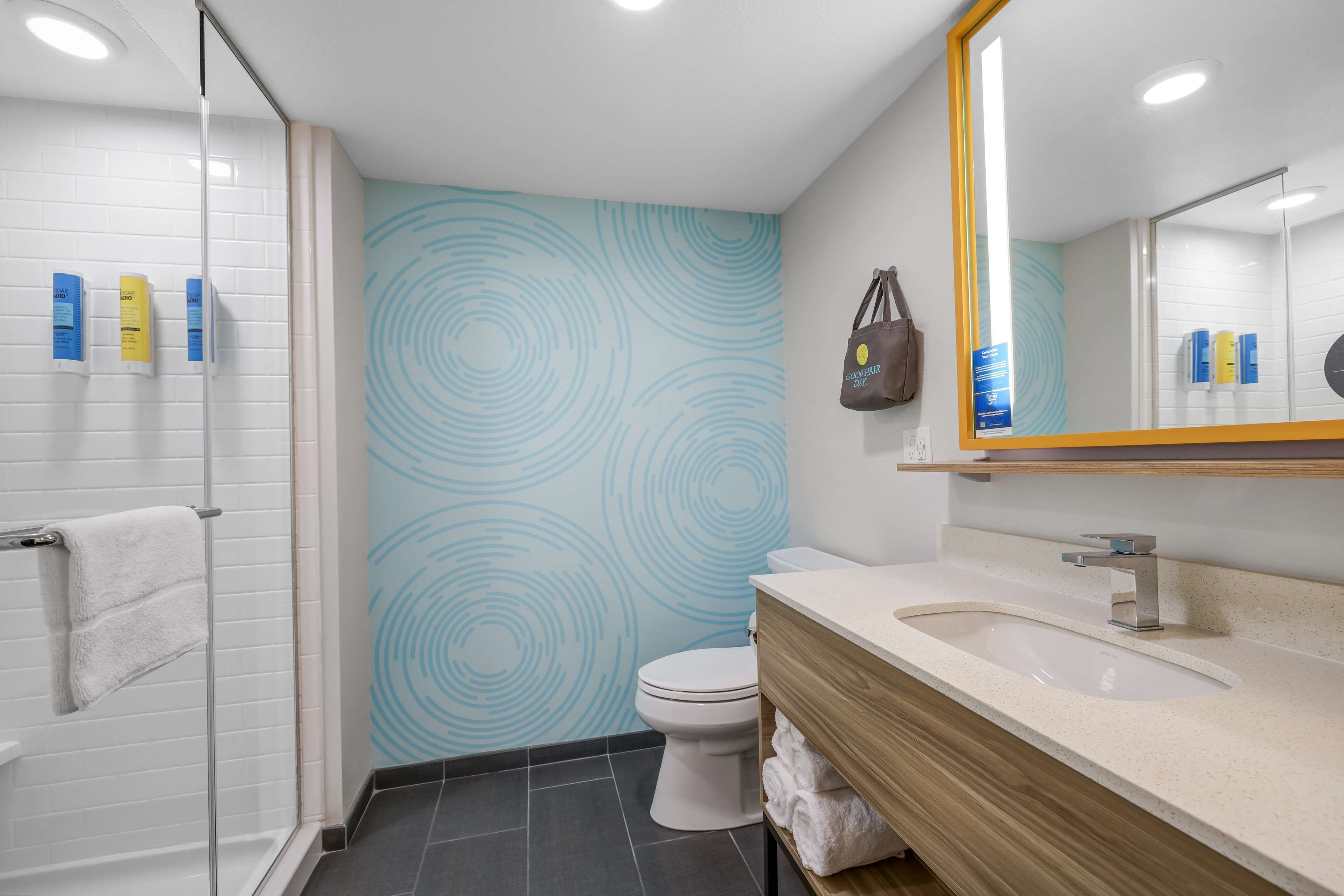 hair dryer, towels, soap, shampoo