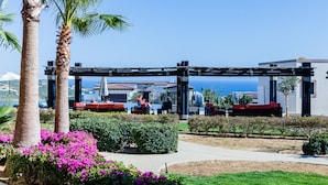 Een overdekt terras met palmbomen en paarse bloemen, met uitzicht op de kust.