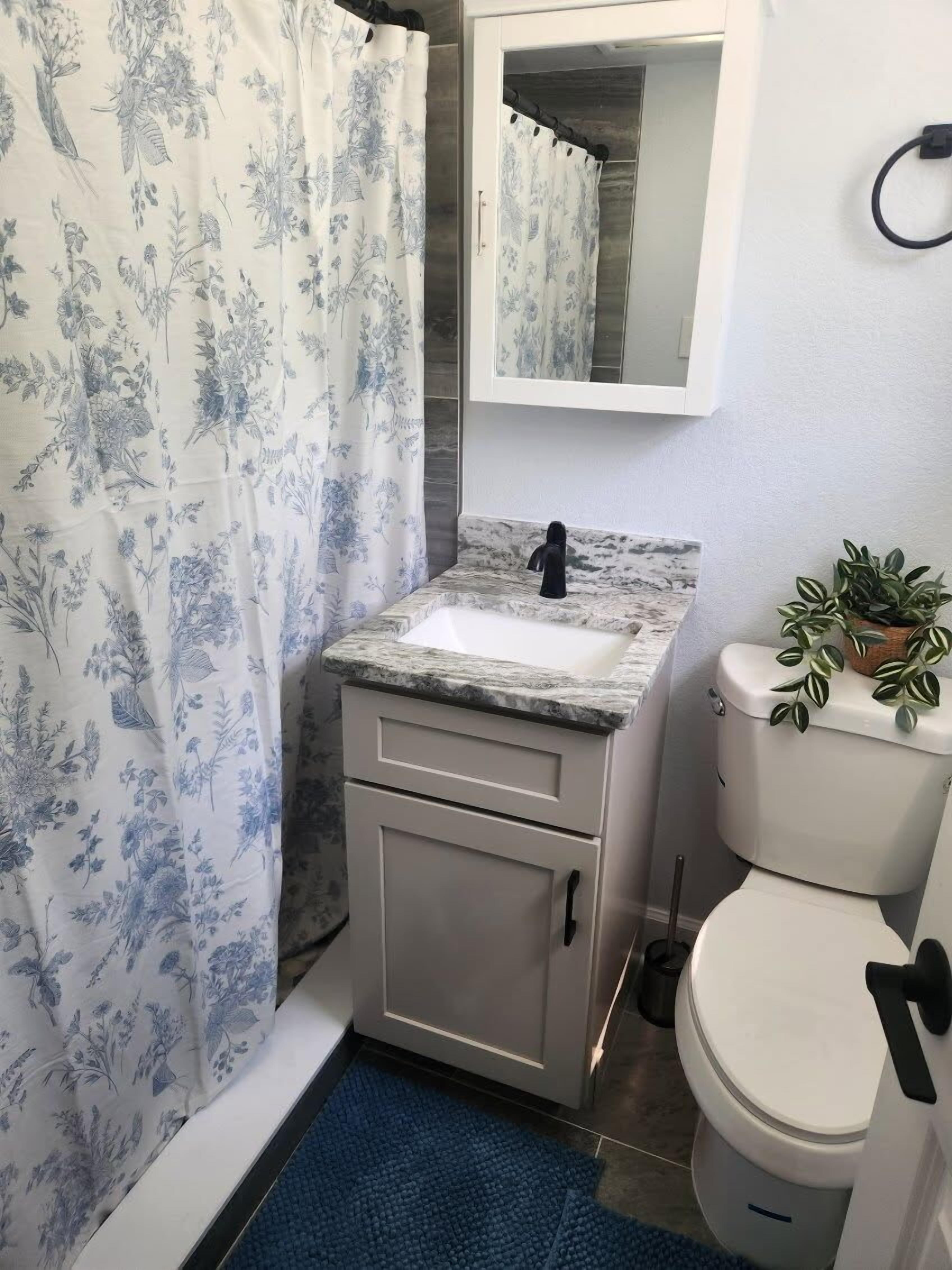 Un bagno con tenda doccia, lavandino, servizi igienici e uno specchio sopra il lavandino.