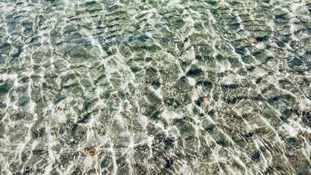 A clear beach with visible underwater patterns and a calm sea.