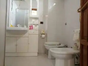 Bathtub, hair dryer, towels, toilet paper