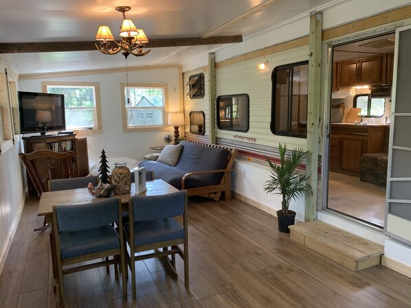 TV, DVD player, video library