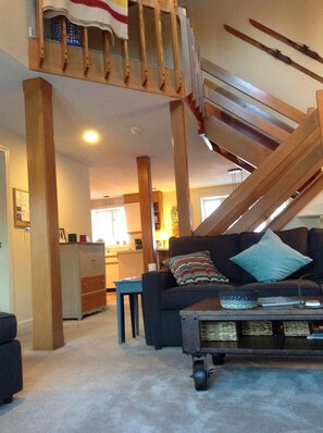 TV, fireplace, books, stereo