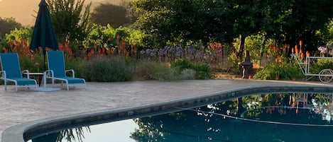 A swimming pool with lounge chairs and a bicycle.