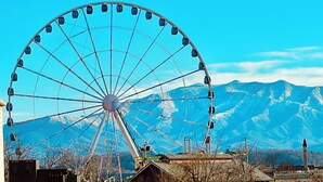 A large Ferris wheel with cabins, set against a backdrop of snow-capped mountains and clear blue sky.