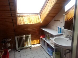 Shower, hair dryer, bathrobes, towels