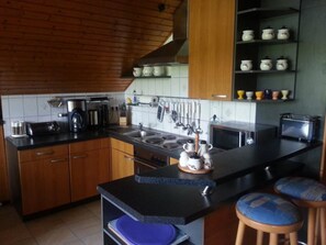 Fridge, microwave, oven, stovetop - "Quaisser" holiday flat with terrace, balcony, pool and sauna (Miltenberg)