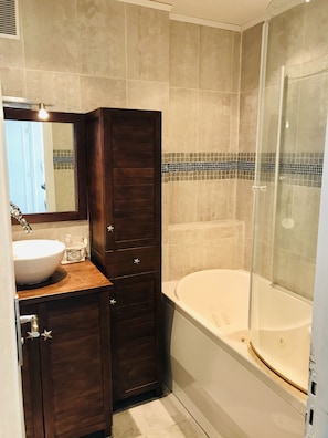 Hair dryer, towels, toilet paper