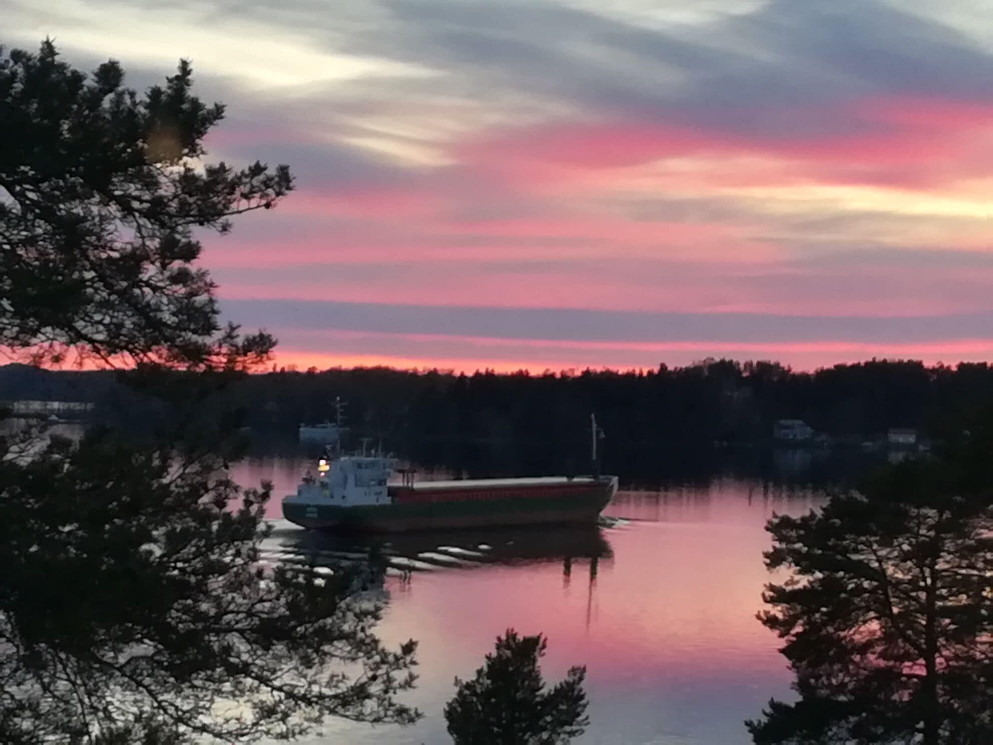 A large cargo ship on calm water with a pink and purple sky in the background.