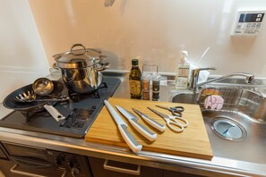 Kühlschrank, Mikrowelle, Herdplatte, Kochgeschirr/Geschirr/Besteck