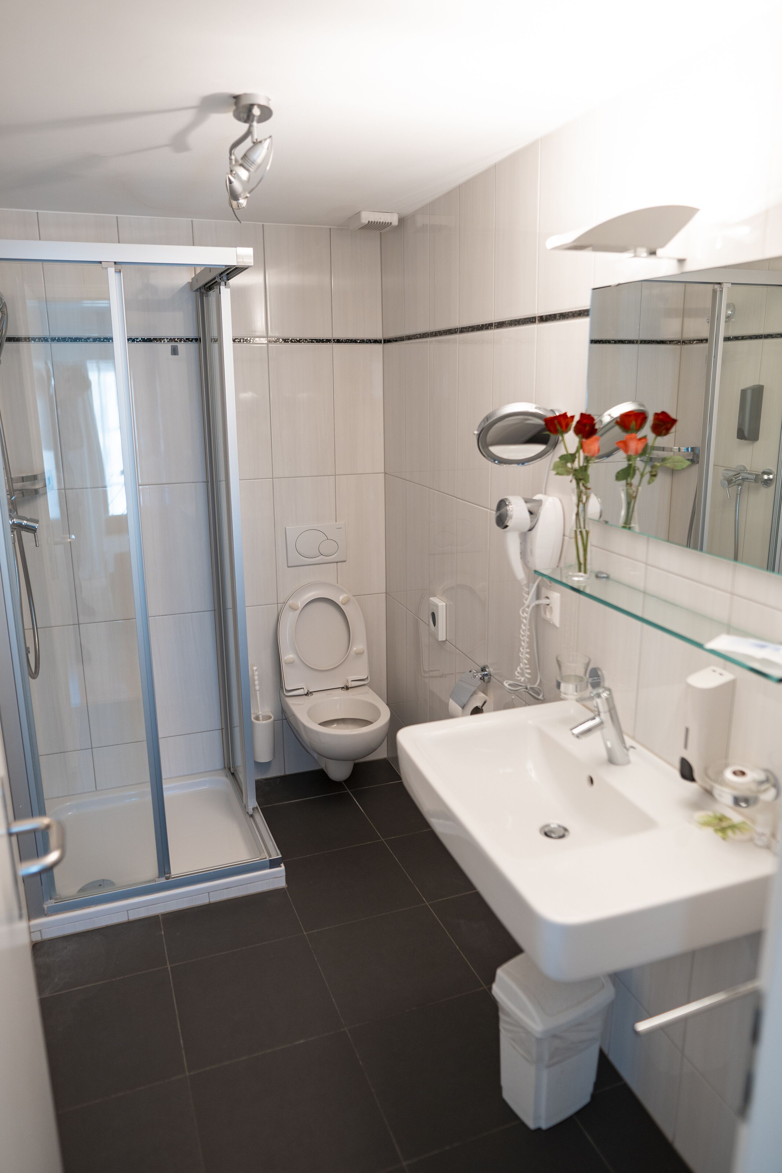 A modern bathroom with a glass shower enclosure, a toilet, and a sink with a glass shelf above.