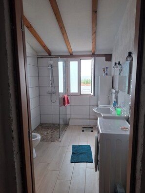 Shower, hair dryer, bidet, towels