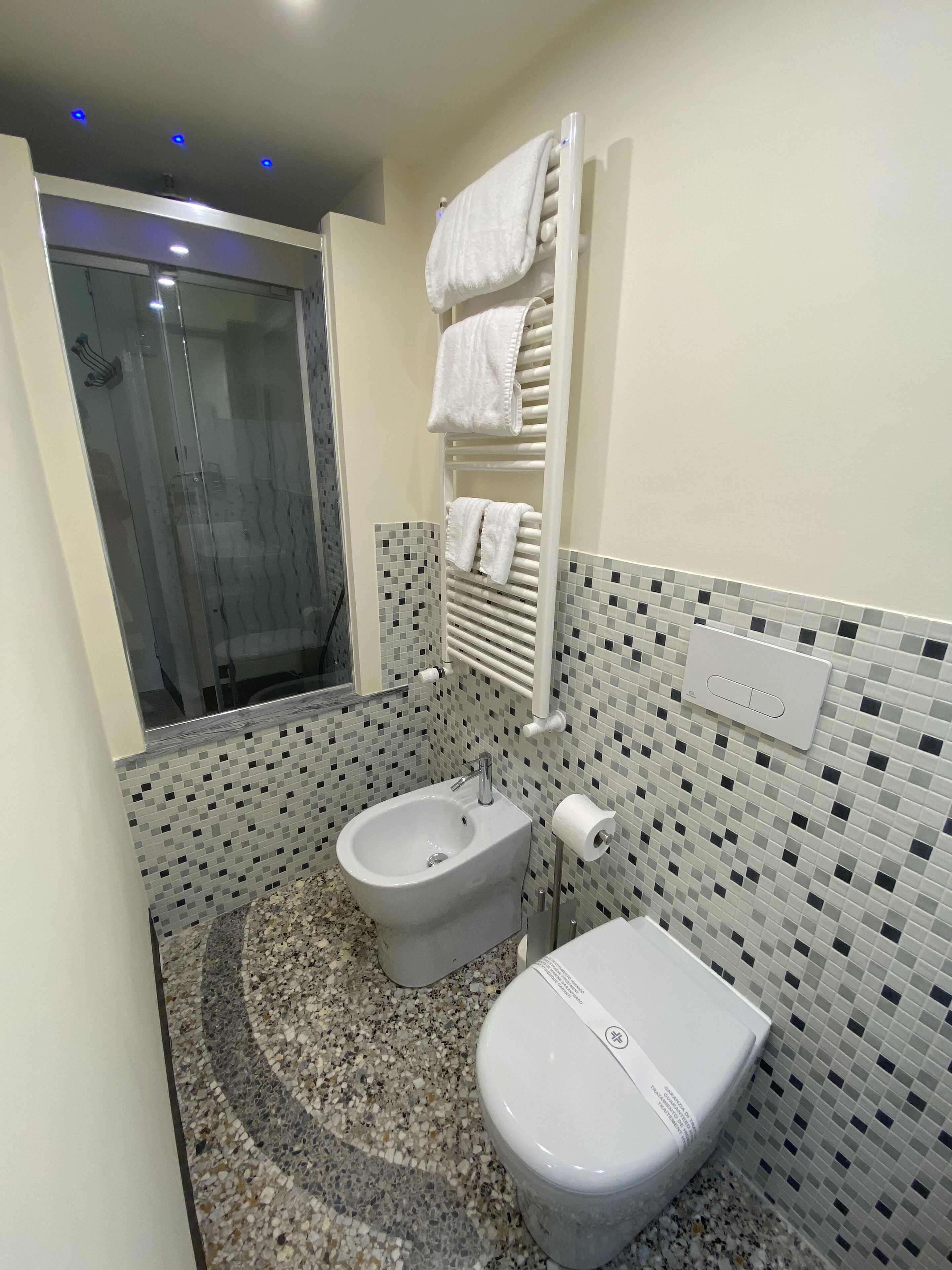 Un bagno moderno con bidet, servizi igienici e cabina doccia in vetro.