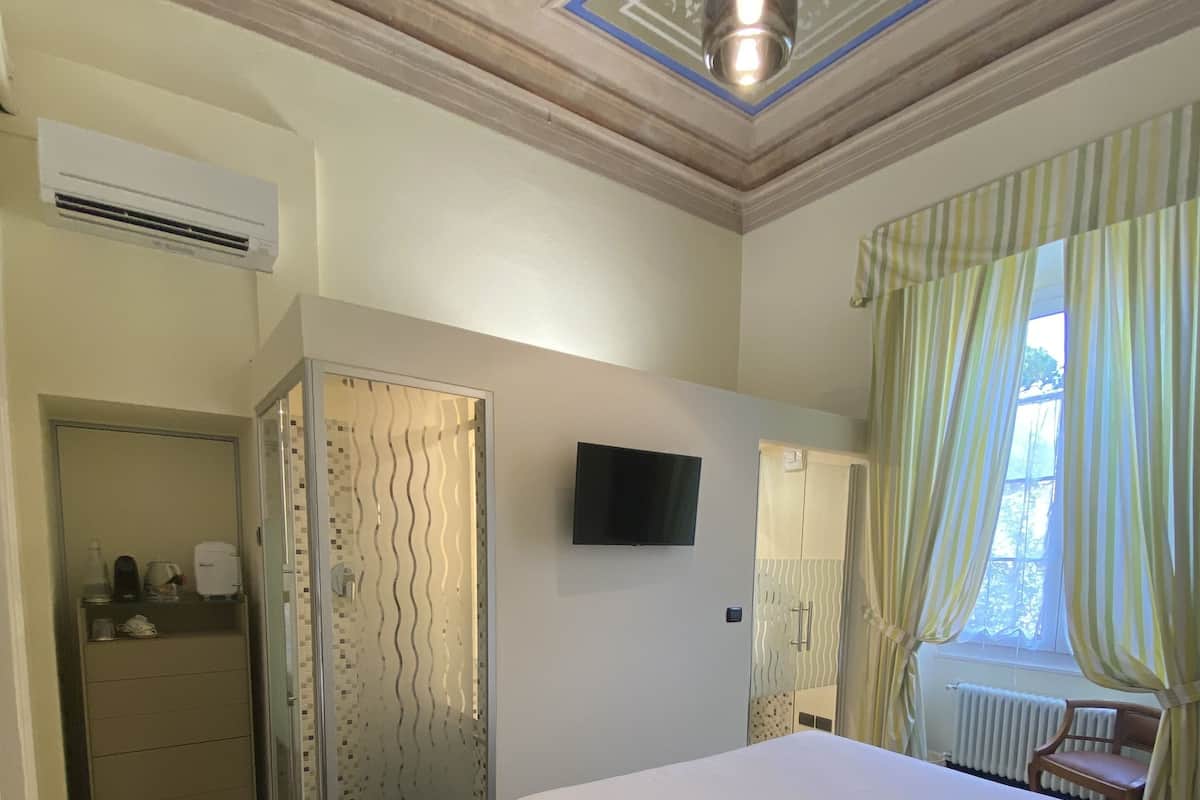 A hotel room with a bed, a television, a wardrobe, a shower, and a window with curtains.