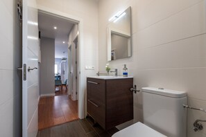 Chuveiro, secador de cabelo, toalhas de banho, sabonete