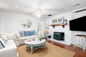 TV, fireplace, music library