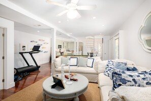 TV, fireplace, music library