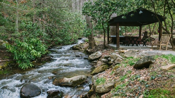A riverside gazebo with picnic tables and benches, surrounded by a forested area. - Route 19 Inn (Maggie Valley)
