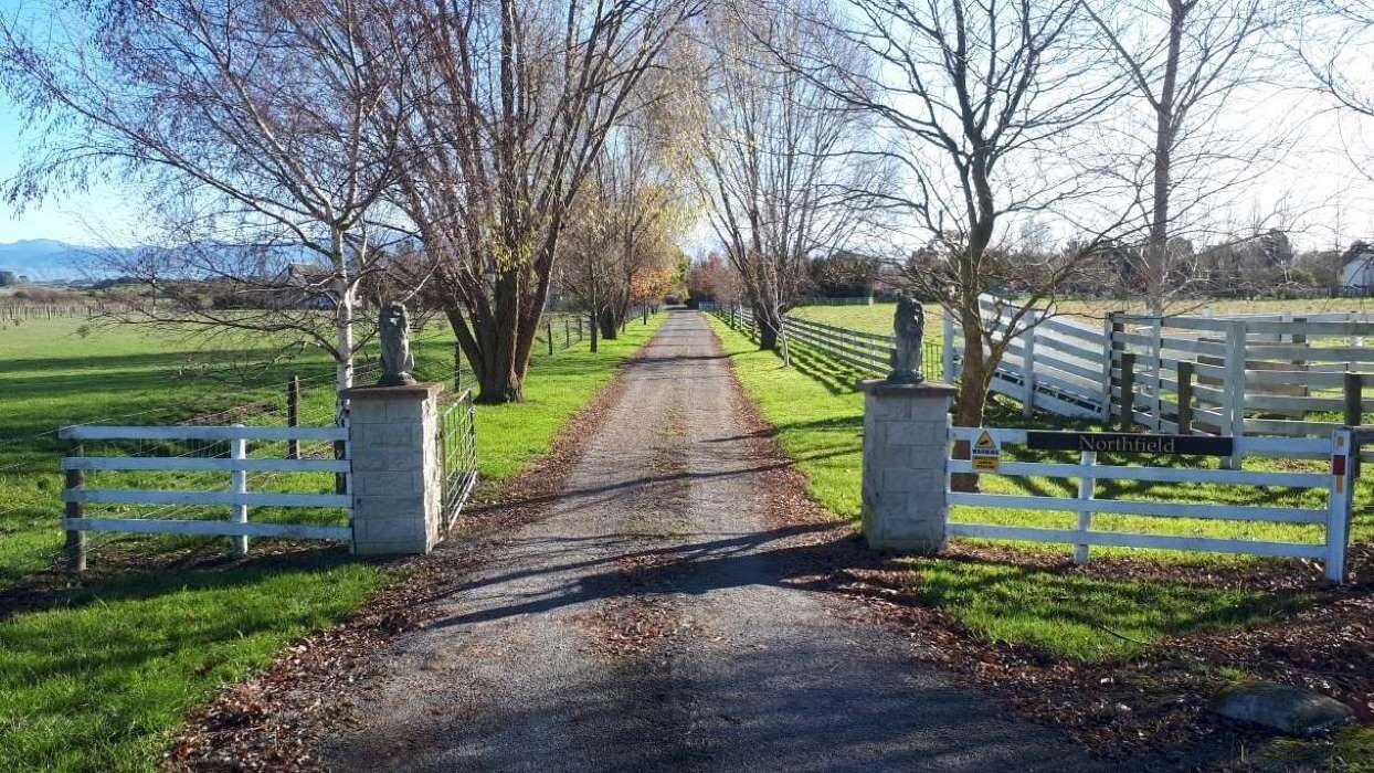 A rural pathway leading to a gated entrance with a statue on each side.