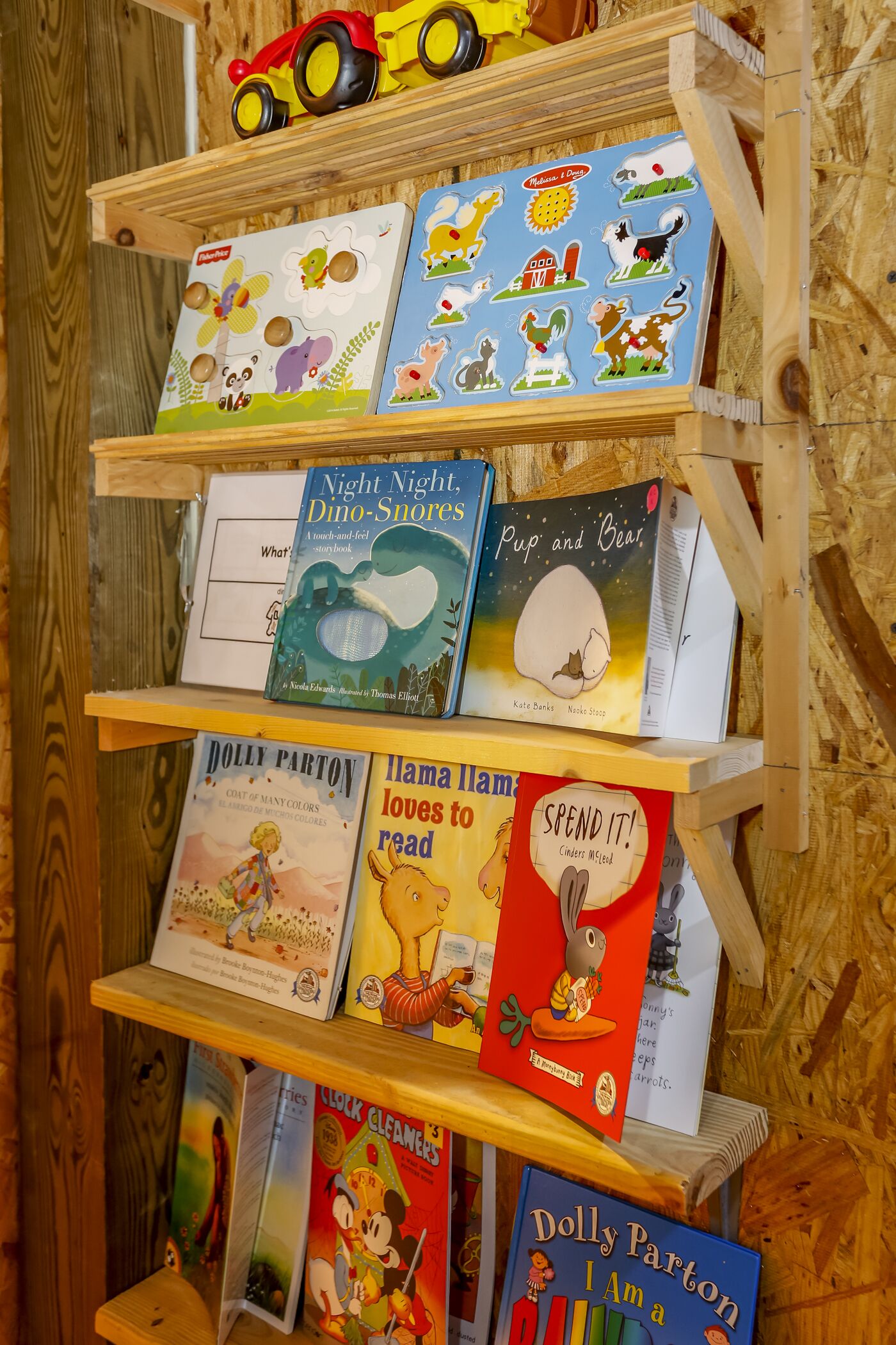 Una estantería de madera con libros infantiles y un coche de juguete.