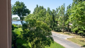 A residential area with a driveway leading to a house, surrounded by trees and a body of water in the background. - T2 air-conditioned apartment with swimming pool close to grande plage richelieu (Agde)