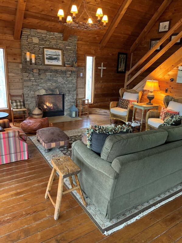 Smart TV, fireplace, books