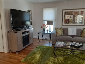 TV connectée, cheminée, lecteur de DVD, livres