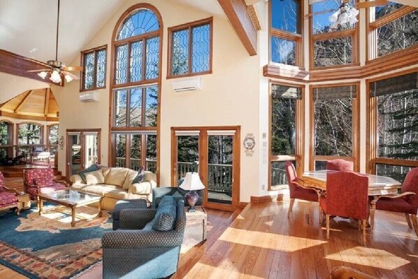 Älytelevisio, takka, DVD-soitin, kirjoja