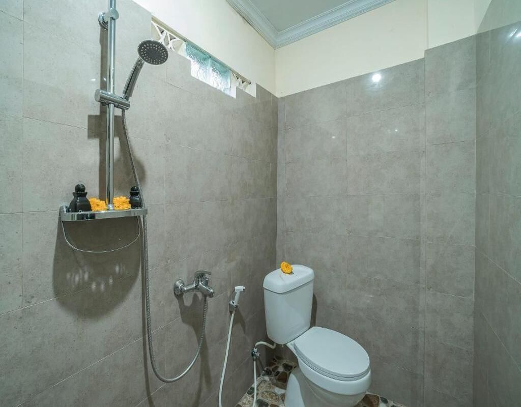 A bathroom with a shower, toilet, and a small shelf with toiletries.