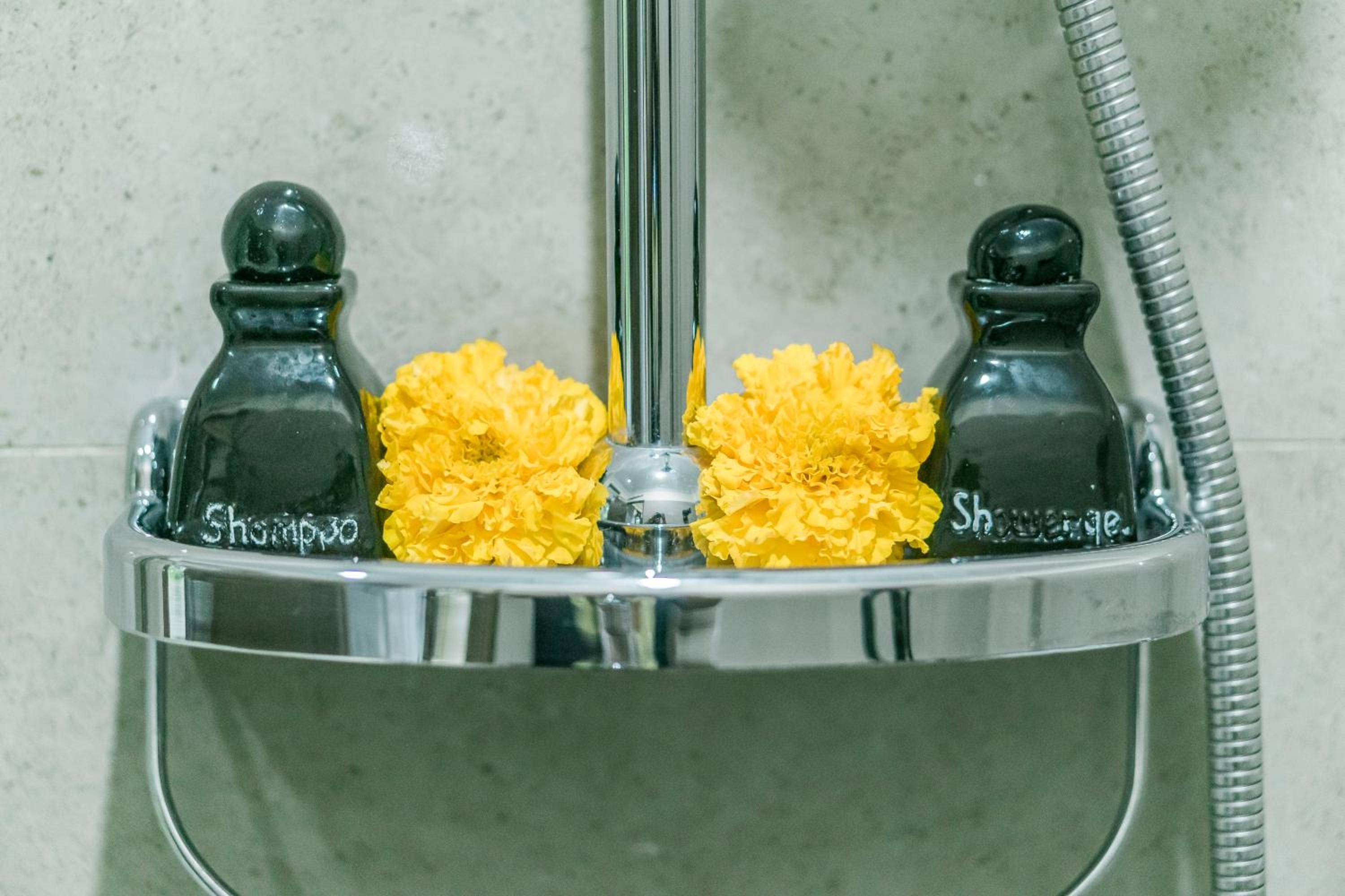 Ducha con dos botellas etiquetadas 'champú' y 'champú', y una flor entre ellas.