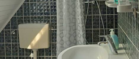 Un baño con inodoro, lavabo y ducha.