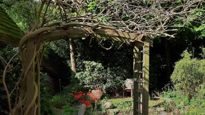 A garden with a wooden pergola, a path, and a chair. - Atelier 2 - Atelierhaus Tannenweg (Worpswede)