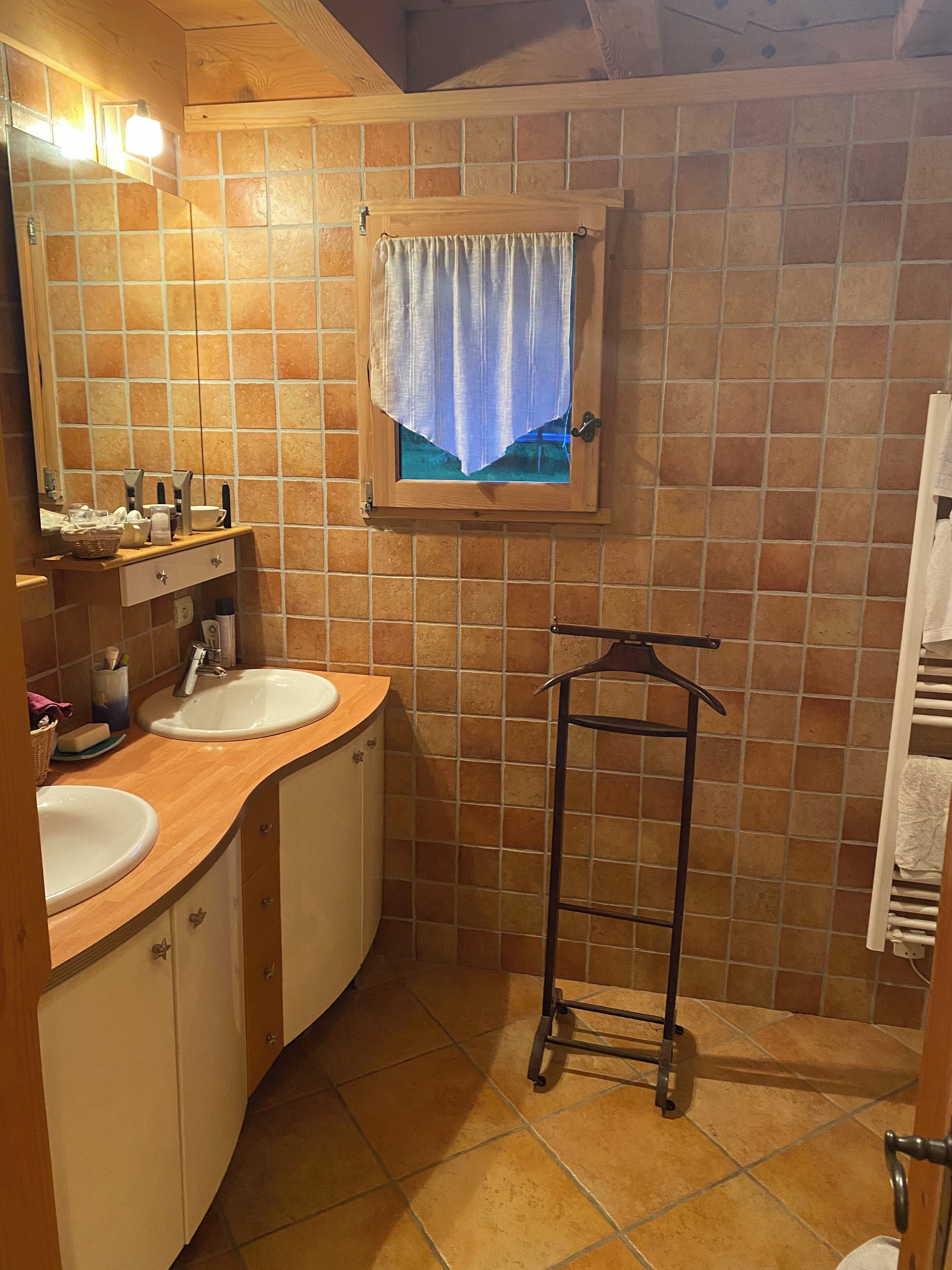 Shower, towels, soap, toilet paper