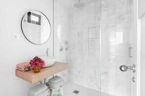 Shower, hair dryer, towels