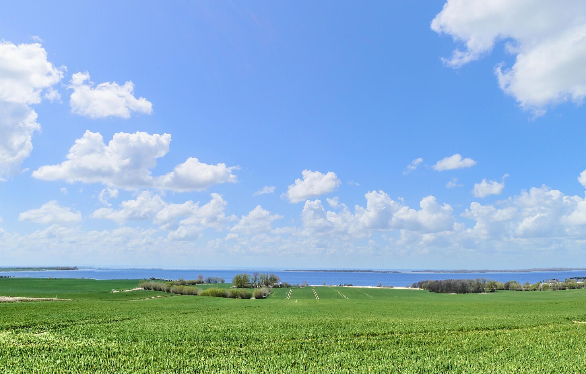 Weite, offene Landschaft mit blauem Himmel und weiter Wasserfläche.