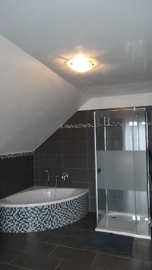 Bathtub, hair dryer, towels, toilet paper