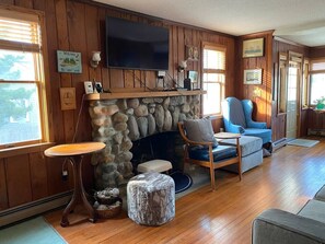 TV, fireplace, books