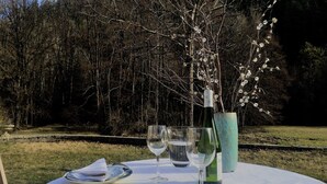 Ein Tisch im Freien, gedeckt mit Tellern, Besteck, Weingläsern und einer Weinflasche, eingebettet in eine natürliche Landschaft.