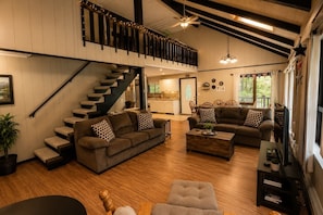 Smart TV, fireplace, video games, DVD player