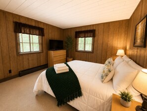 A bedroom with a bed, a TV, a dresser, a plant, and a painting on the wall.