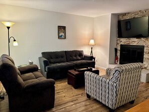 Smart TV, fireplace, DVD player, printers