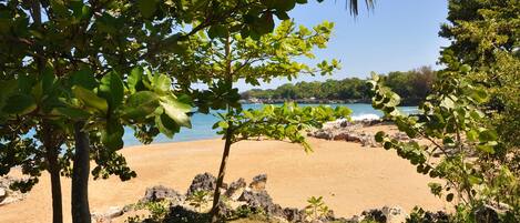 A beach with a clear view of the sea, surrounded by greenery and rocks.