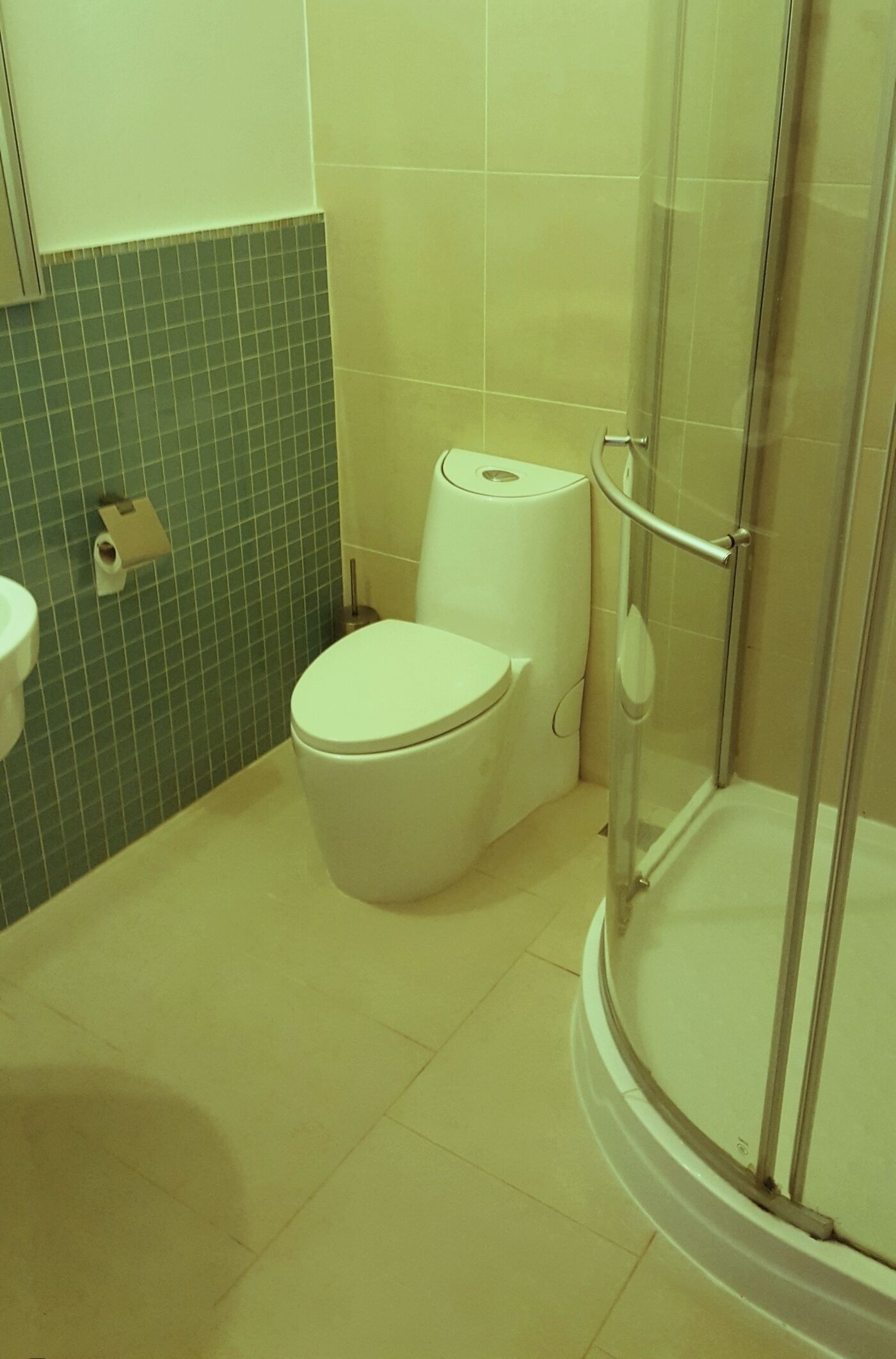 A bathroom with a toilet, a glass shower enclosure, and a sink.