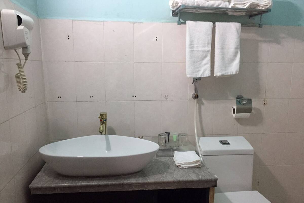 Ein Badezimmer mit einem großen weißen Waschbecken, einer Toilette und einem Handtuchhalter.