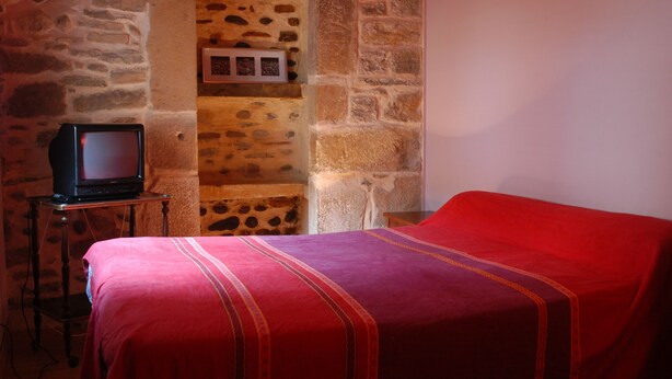 A room with a stone wall, a television on a small table, and a bed with a red and purple bedspread.