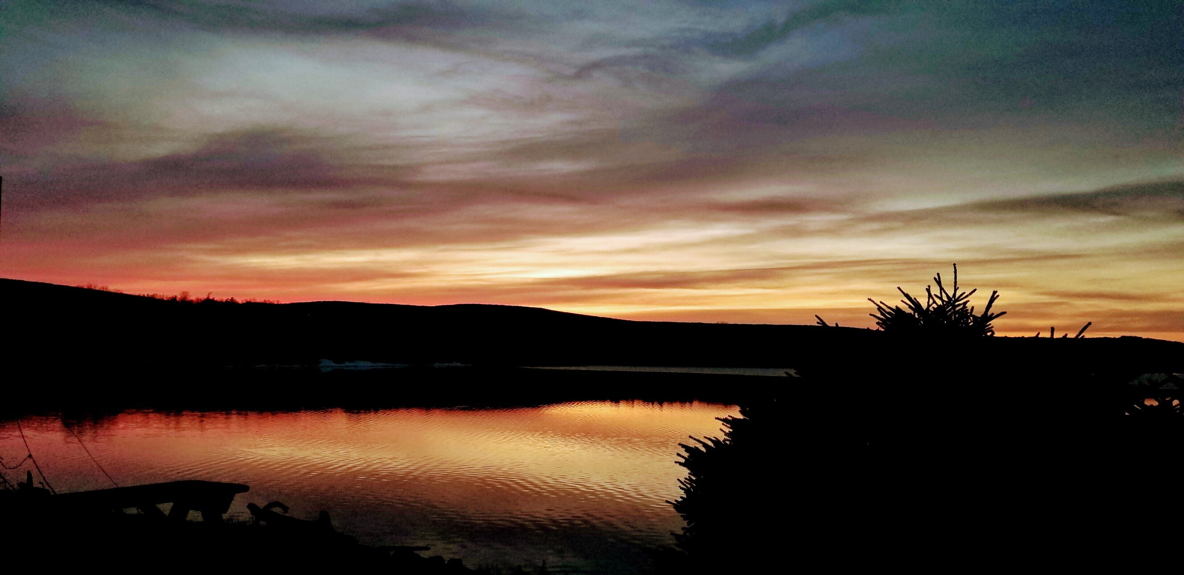 Una vista serena del lago al atardecer, con la silueta de un muelle y vegetación.