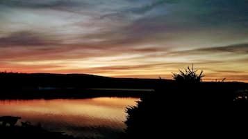 Una vista serena del lago al atardecer, con la silueta de un muelle y vegetación.