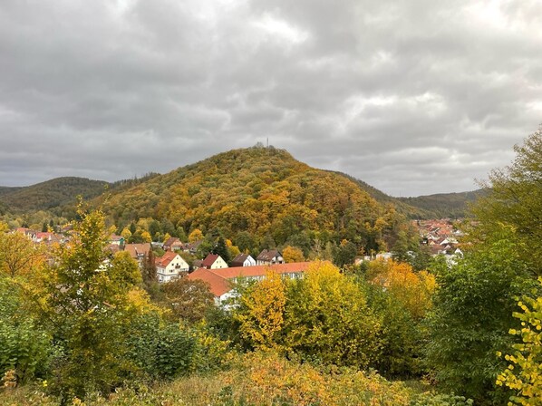 A town nestled in a valley with houses and a hill in the background.