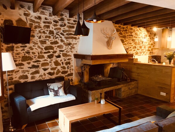 Smart TV, fireplace, books, stereo