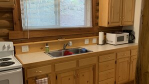 A kitchen with wooden cabinets, a white stove, a microwave, and a window with blinds. - Log cabin in the bitterroot mountains (Sula)